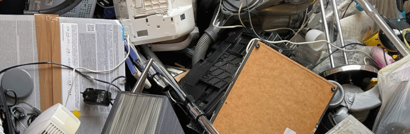 discarded electronics in a bin