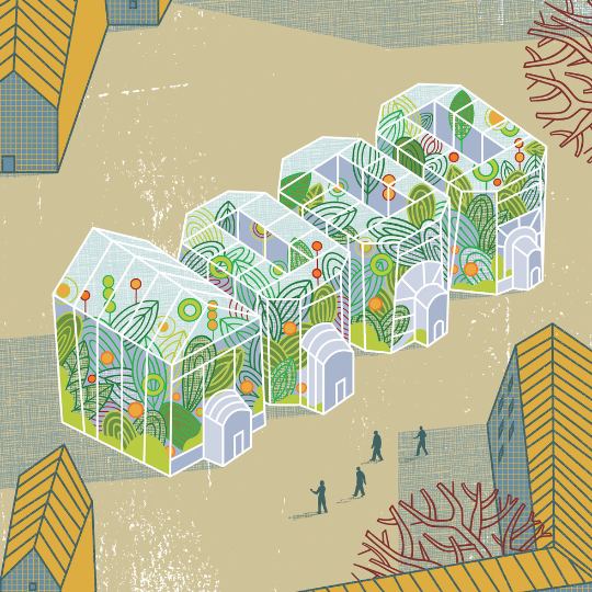 Aerial illustration by artist Thom Sevalrud, featuring greenhouse-like structures filled with lush plants and colourful fruits, surrounded by grid-patterned buildings with yellow roofs and red, bare-branched trees. Silhouettes of people walking nearby blend nature with urban design.