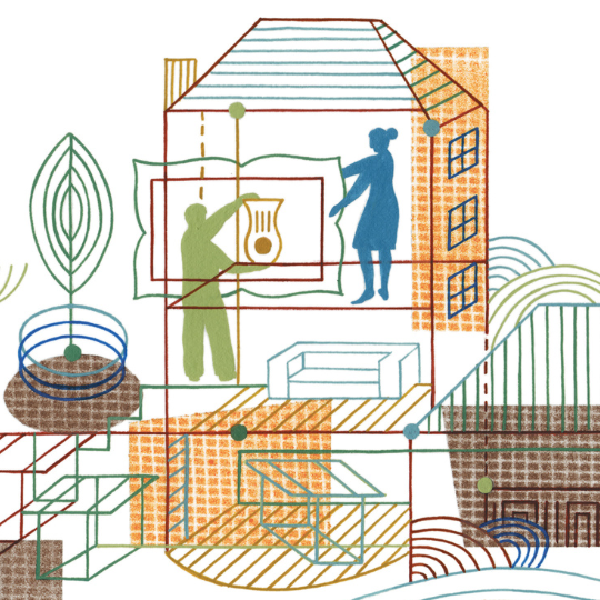 Abstract illustration by artist Thom Sevalrud depicting a multi-level house with figures interacting with art and objects, surrounded by geometric shapes, plants, and lines. The scene suggests a blend of architecture and creativity in a structured yet playful environment.