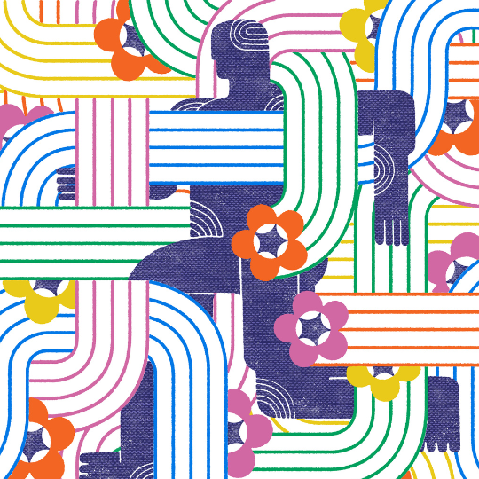 Abstract illustration by artist Thom Sevalrud featuring interwoven, colourful striped bands with flower shapes and dark blue human silhouettes. The design creates a sense of connection and movement through repeating patterns and vibrant colours.