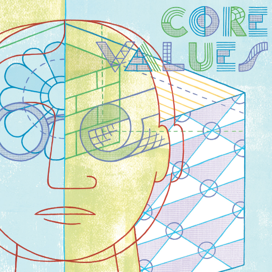 Abstract illustration by artist Thom Sevalrud featuring a human face divided into pastel green and blue halves with geometric patterns. The words "Core Values" appear in stylized text, highlighting themes of thought and structure.