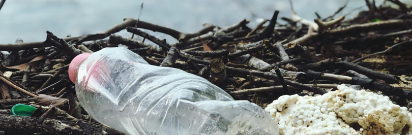 plastic bottle on stick near water