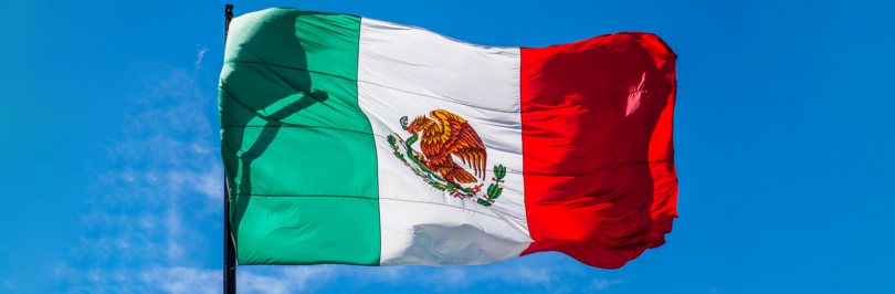 Mexico flag flying in on flag pole in front of blue sky
