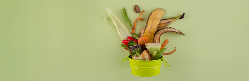 Assorted compost in a green can on a lime green background