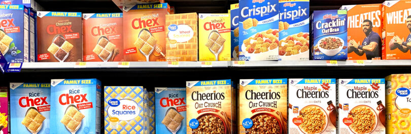 Cereal boxes on shelves