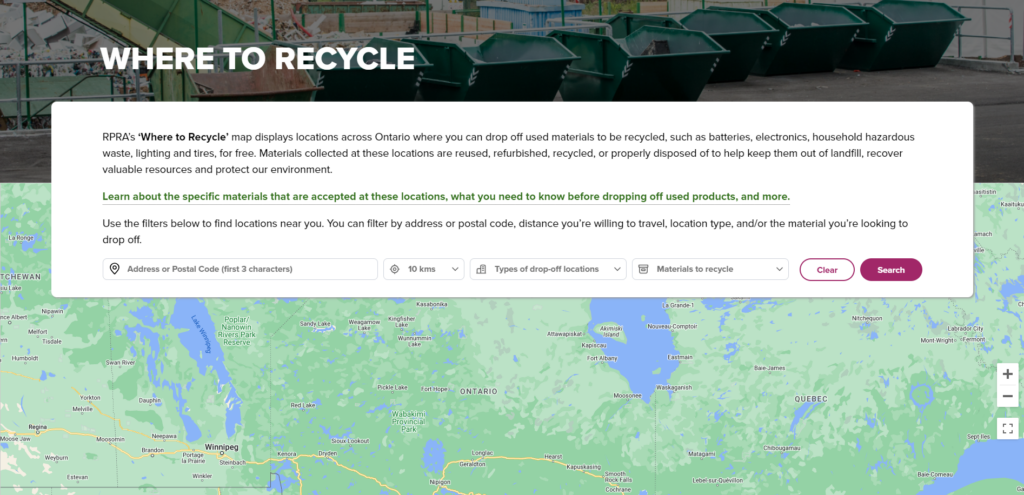 Screenshot of RPRA's Where to Recycle map 
