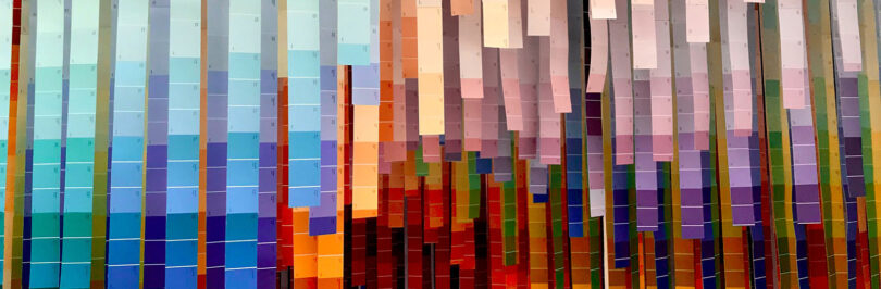 photo of art installation created by colourful paint chip cards