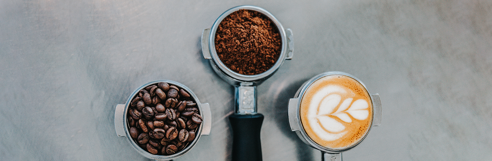 Café latte, ground coffee, coffee beans