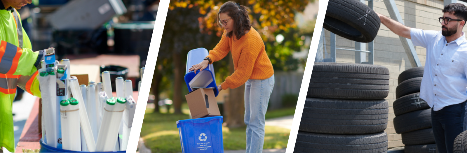 Woman in orange shirt emptying recycling materials into blue recycling bin by curb