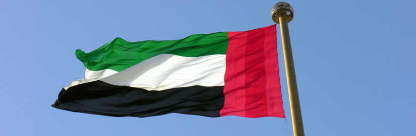 United Emirates Flag on pole waving in the wind with blue sky